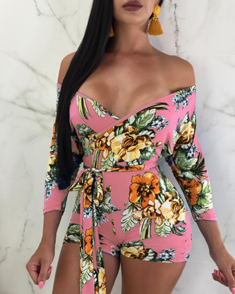 

Off Shoulder Floral Print Romper, Pink