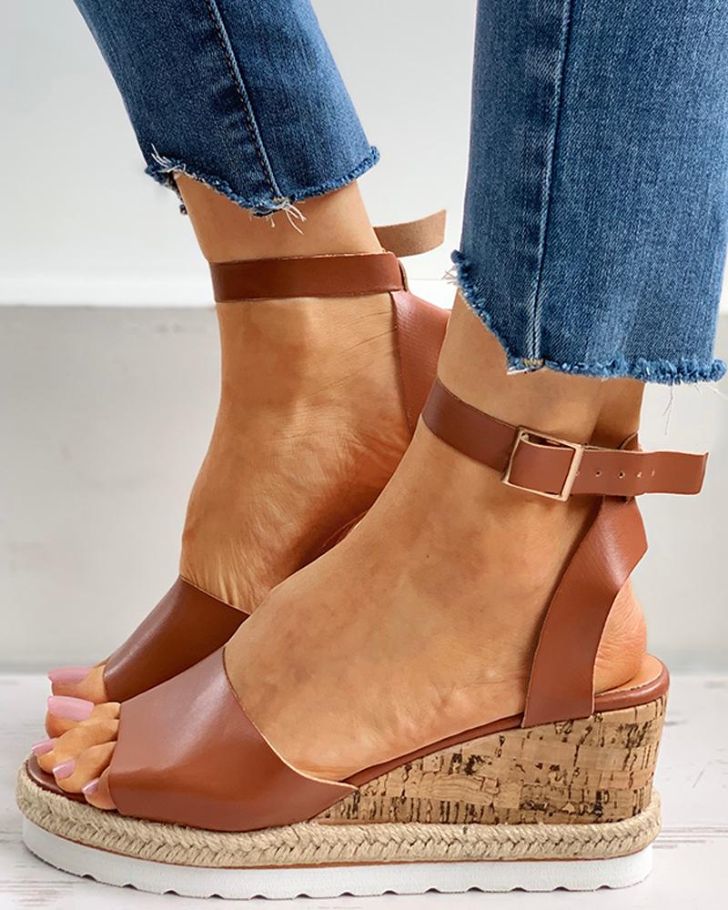 

Woven Flax Ankle Strap Peep Toe Wedge Sandals, Brown