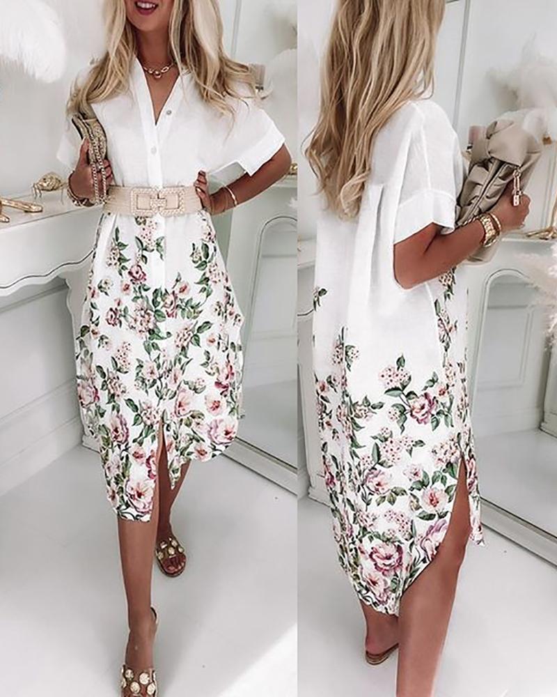 

Floral Print Buttoned Ruched Shirt Dress, White