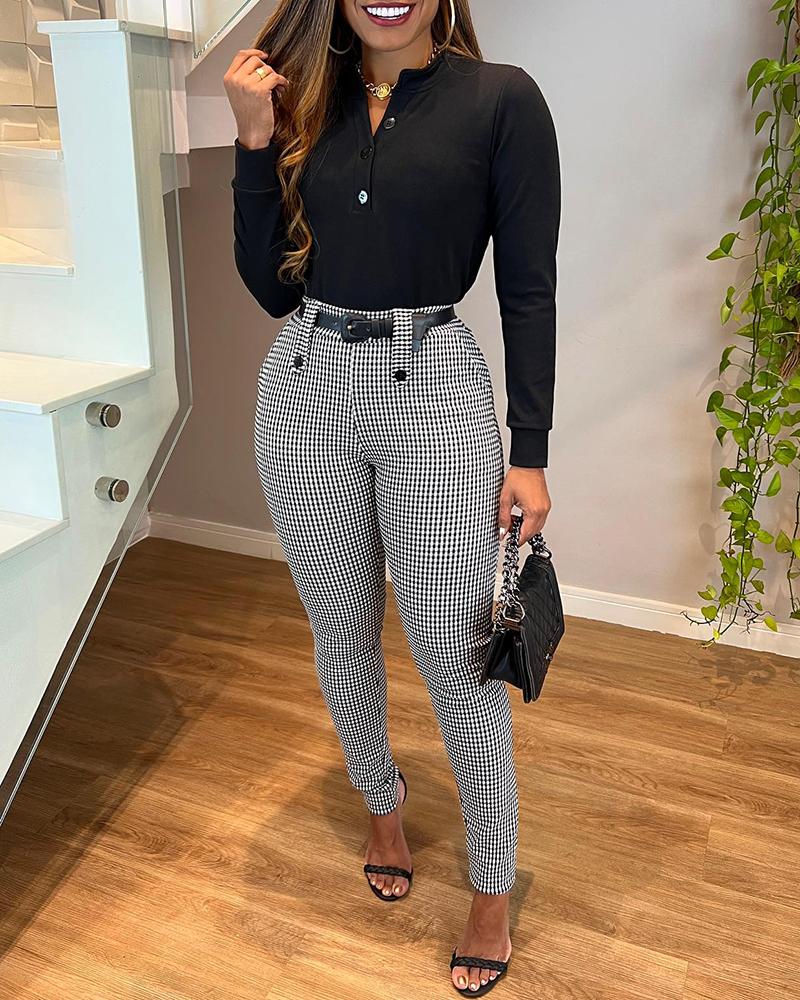 

Plaid Print Buttoned High Waist Casual Pants, Gray