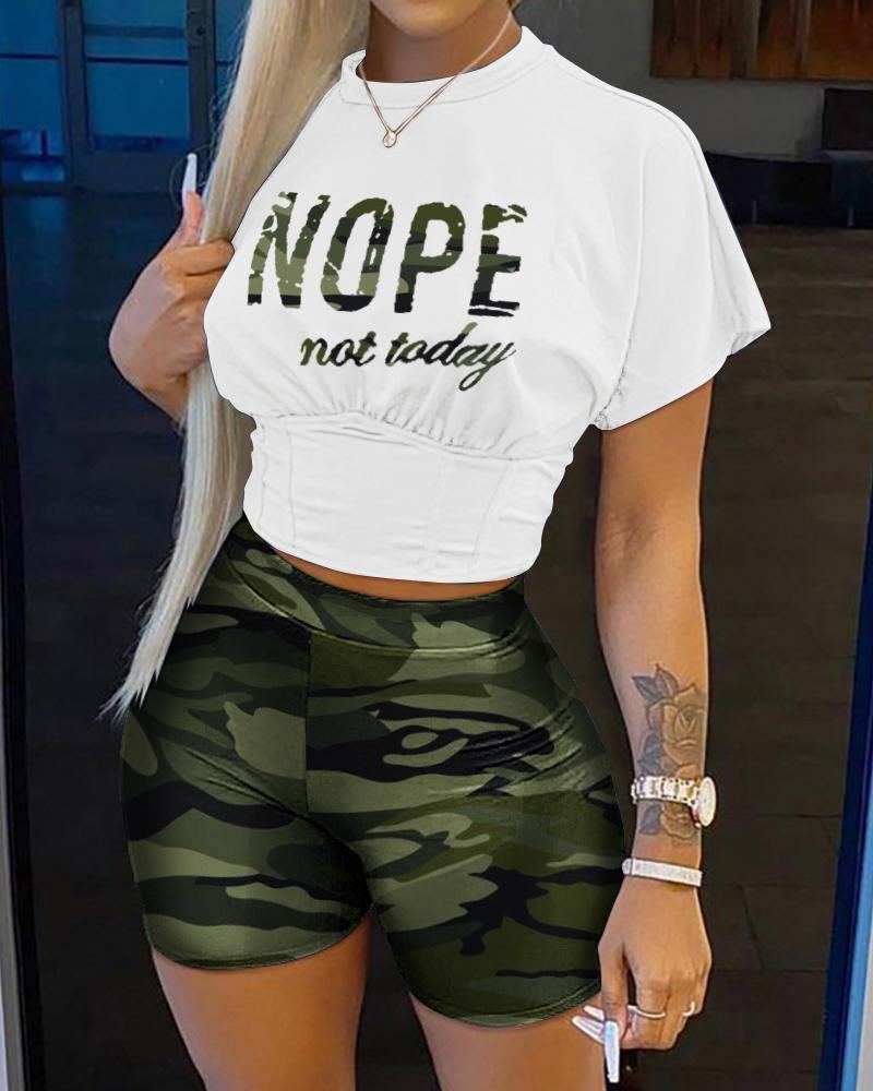 

Nope Not Today Camo Print Corset Crop Top & Shorts Set, Camoflage