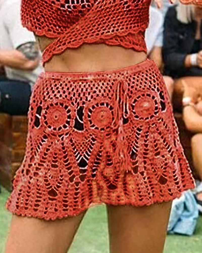

Hollow Out Knitted Mini Skirt, Red