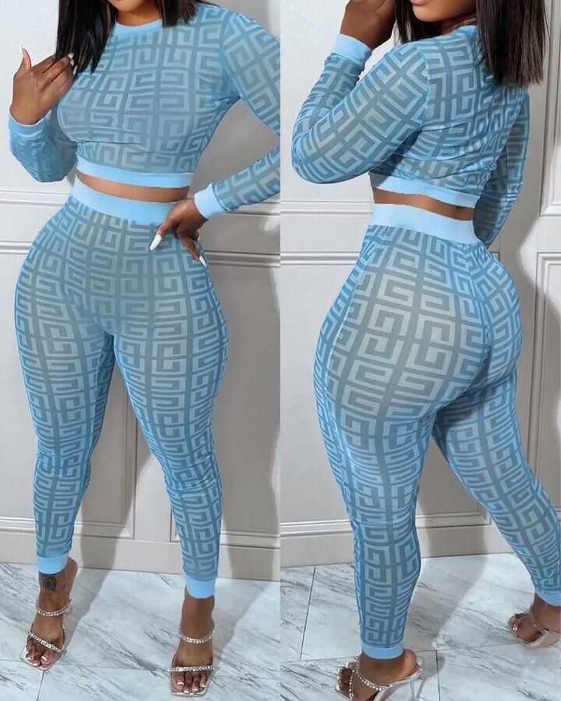 

Geometric Print Long Sleeve Crop Top & Pants Set, Lighted blue