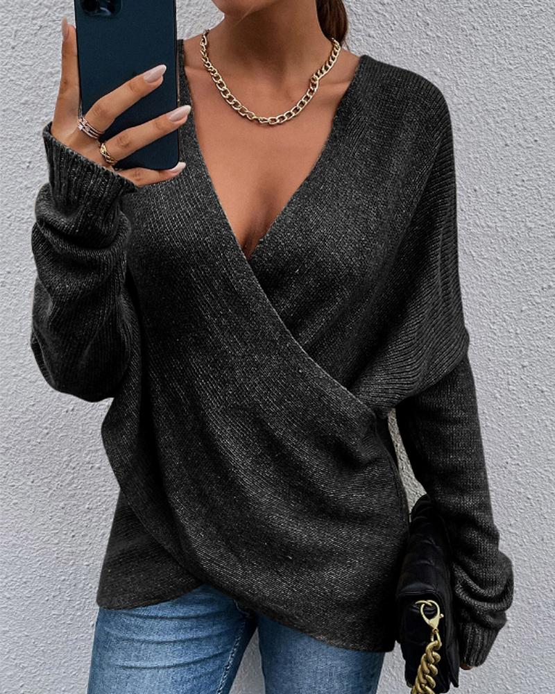 

Wrap Front Long Sleeve V-Neck Sweater, Black