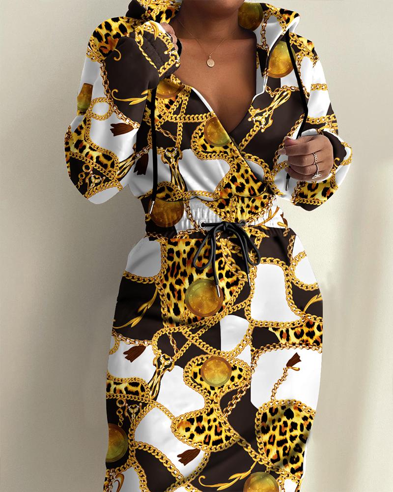 

Chain Leopard Print Drawstring Hooded Sweatshirt Dress, Multicolor