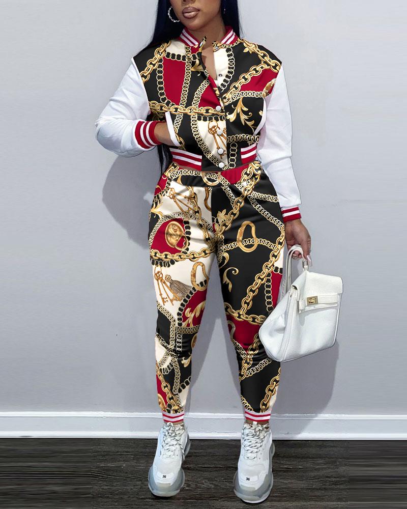 

Chain Scarf Print Button Front Bomber Jacket & Pants Set, Red