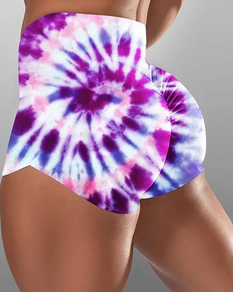 

High Waist Tie Dye Print Ruched Sporty Shorts, Purple