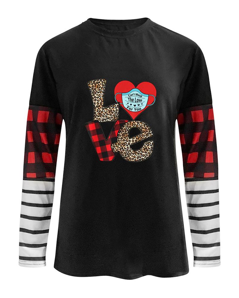 

Valentine's Day O-Neck Striped Plaid Heart Letter Print Top, Style4