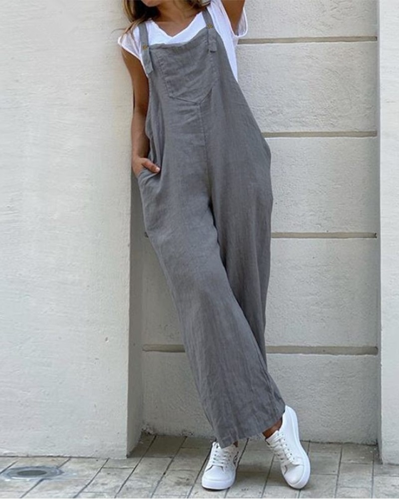 

Plain Pocket Detail Suspender Jumpsuit, Gray