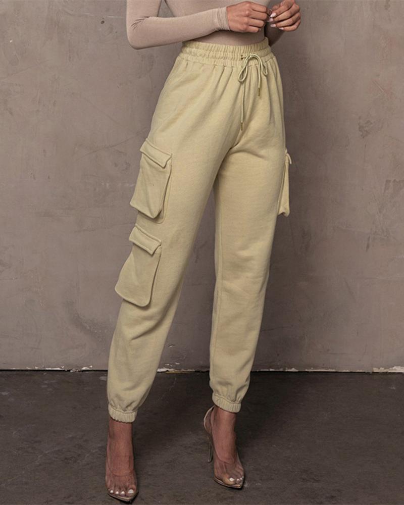 

Drawstring Pocket Design Cargo Pants, Khaki