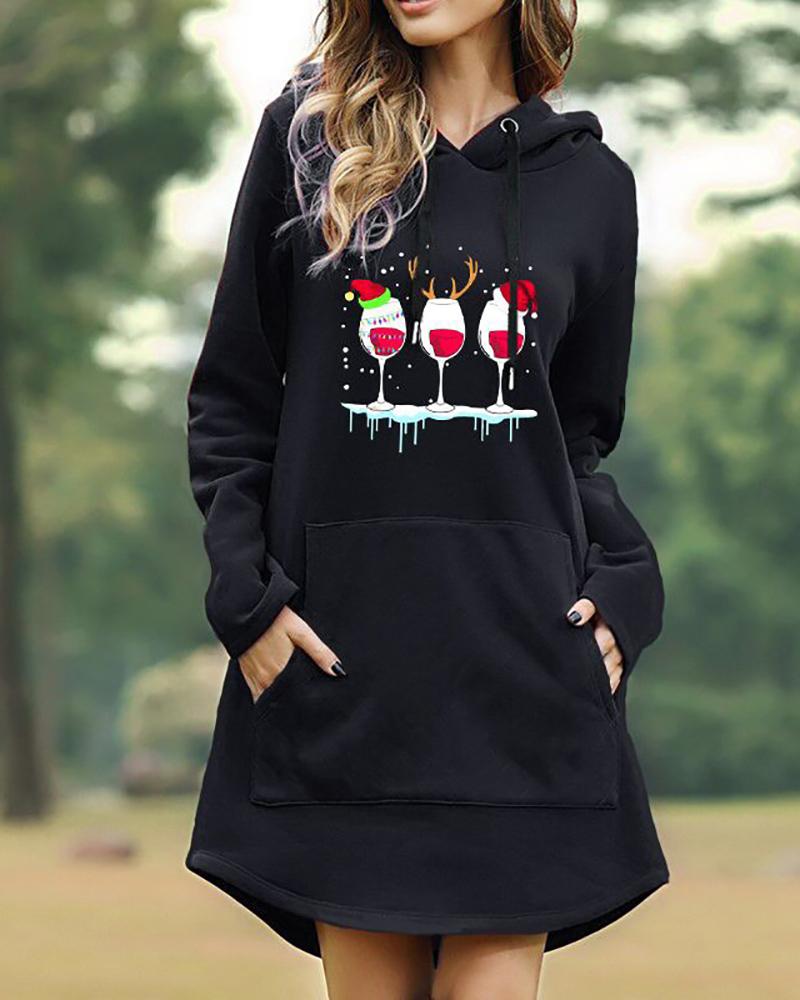 

Christmas Graphic Print Pocket Design Hooded Sweatshirt Dress, Black
