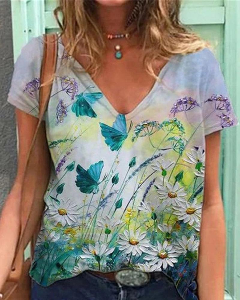 

Floral Print Short Sleeve V Neck Casual T-Shirt, Style6