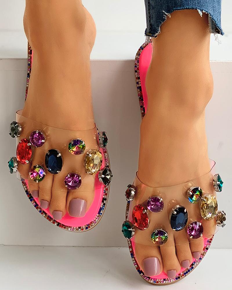 

Snakeskin Print Rhinestone Decor Clear Strap Slippers, Hot pink