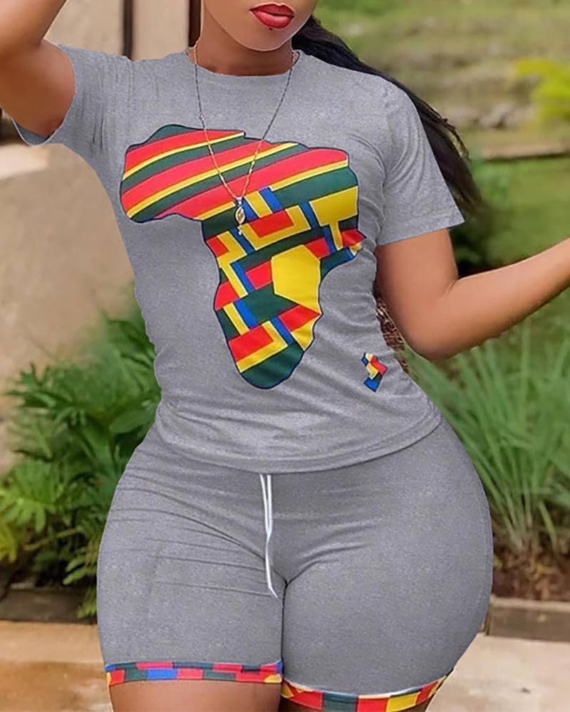 

Graphic Print Colorblock T-shirt & Shorts Set, Gray