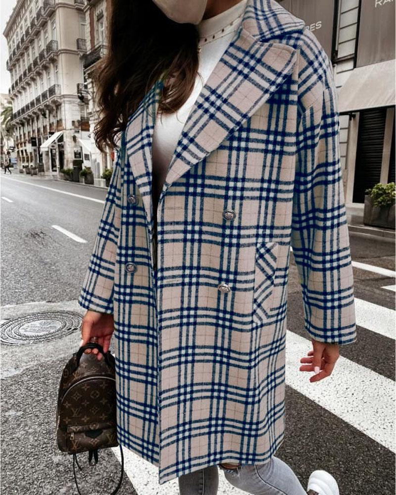

Plaid Print Double Breasted Pea Coat, Khaki
