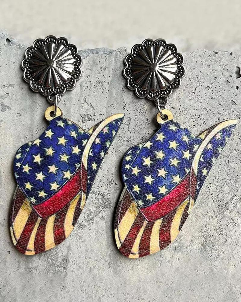 

1Pair Independence Day Floral American Flag Cowboy Hat Earrings, Multicolor