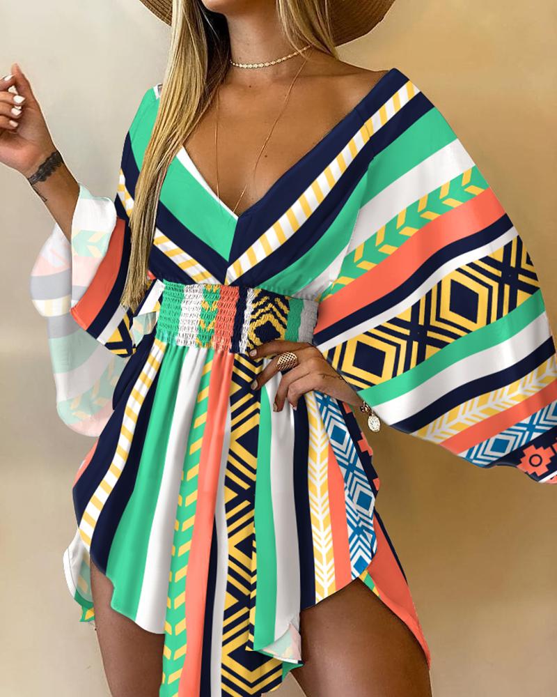 

Striped Geo Print Batwing Sleeve Asymmetrical Dress, Multicolor