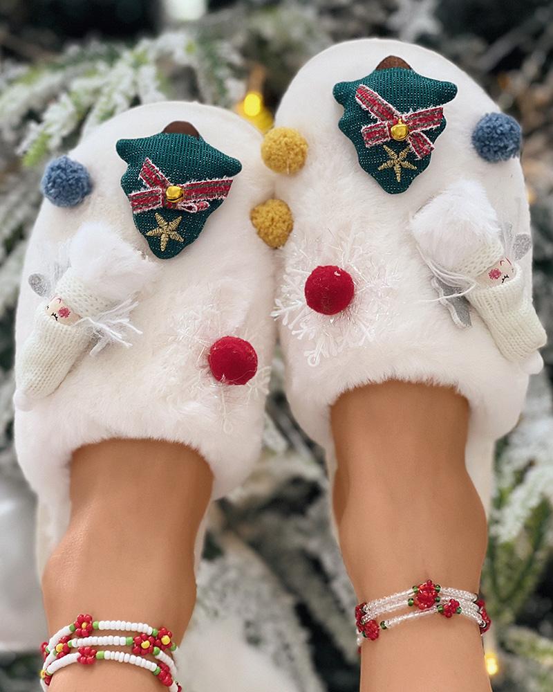 

Cartoon Christmas Tree Pattern Pom Pom Fuzzy Slippers, Beige