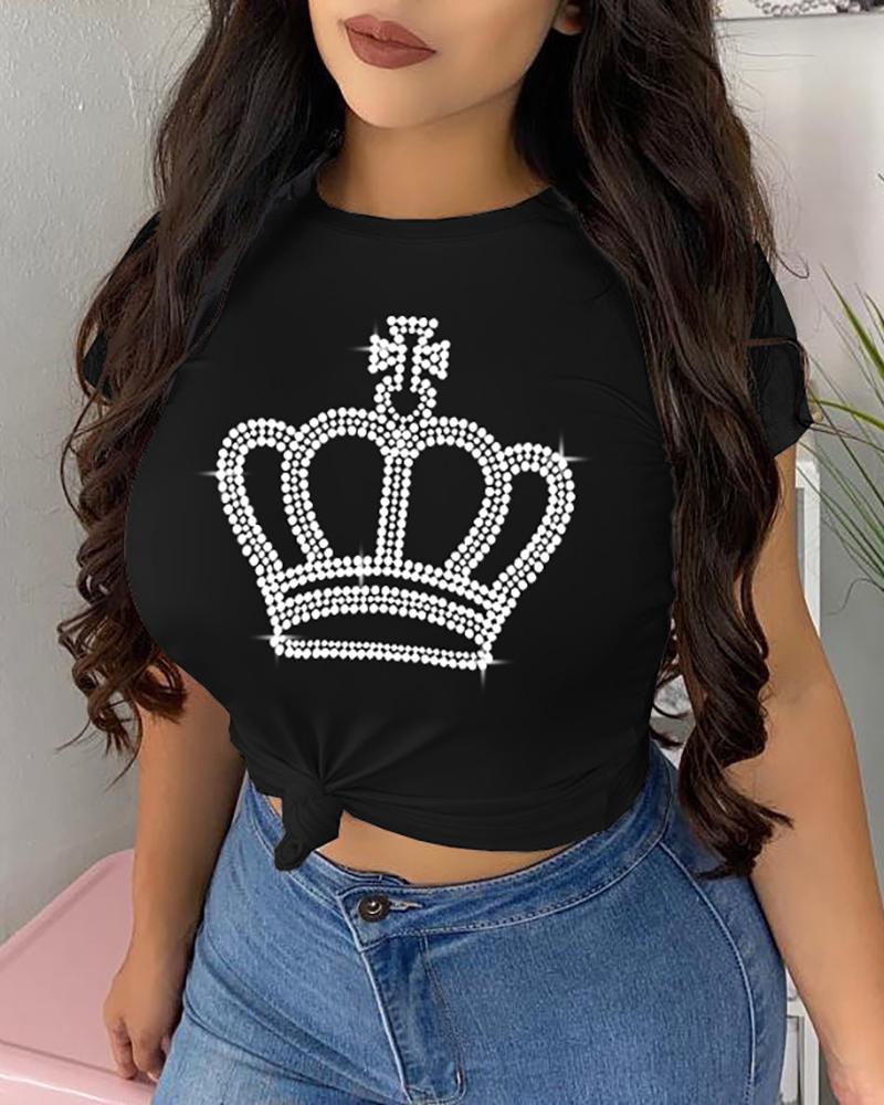 

Short Sleeve Rhinestone Crown Pattern T-shirt, Black