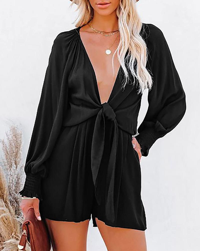 

Plunge Knotted Lantern Sleeve Romper, Black