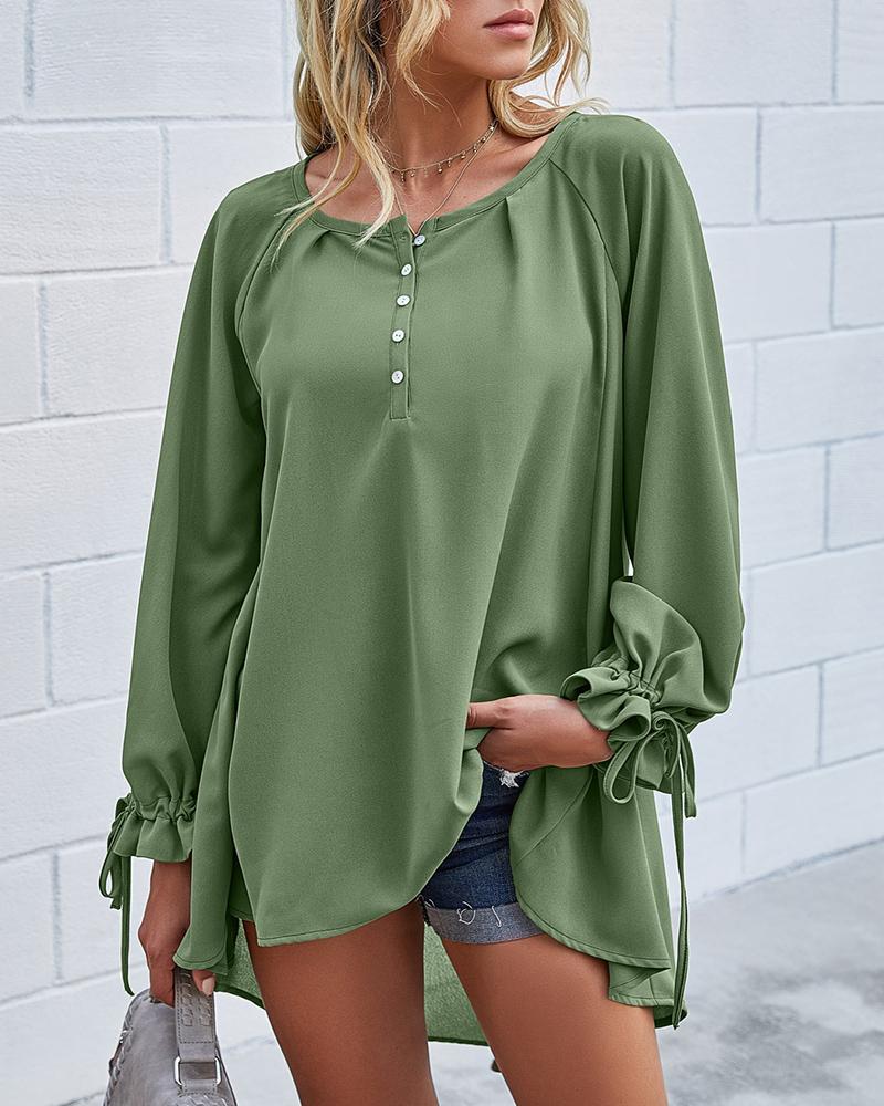 

Solid Buttoned Ruffles Casual Women Top, Green