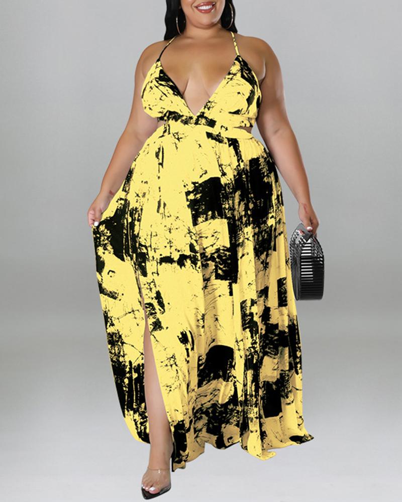 

Plus Size Abstract Print Crisscross Backless Slit Maxi Dress, Yellow