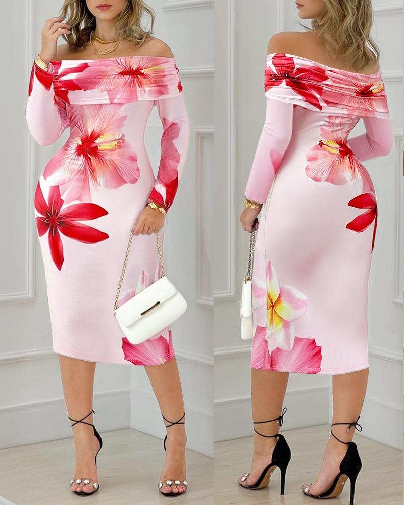 

Robe de soirée à imprimé floral, épaules dénudées, manches longues, coupe ajustée, pour les vacances, Pink