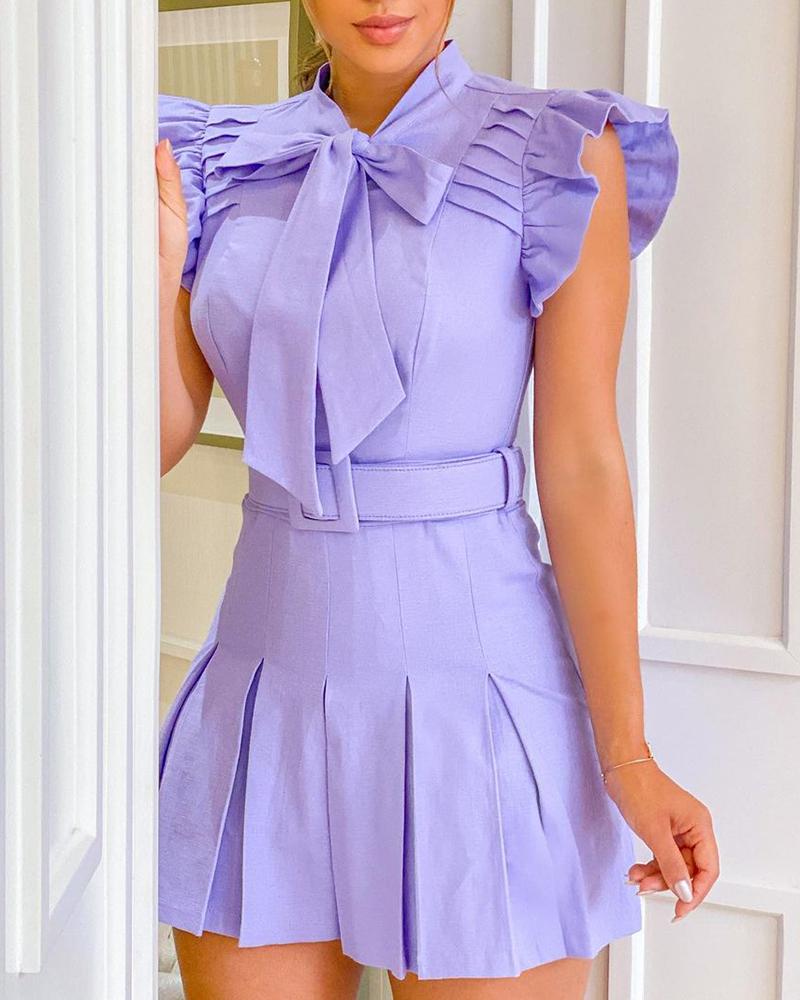 

Ruffles Tie Neck Ruched Casual Dress, Purple