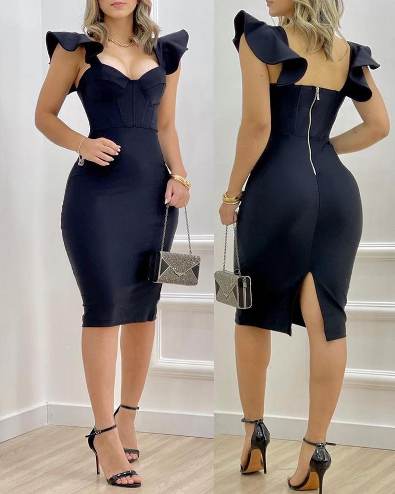 

Flutter Sleeve Zipper Design Slit Bodycon Dress, Black