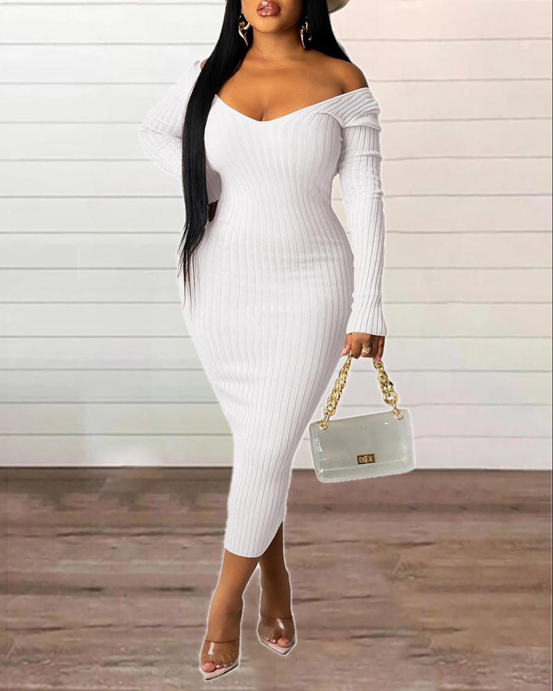 

Long Sleeve V Neck Bodycon Dress, White
