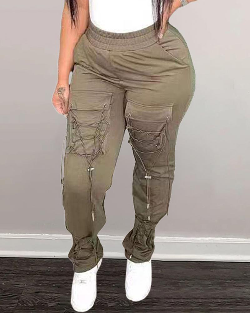 

Lace-up Design Casual Cargo Pants, Khaki