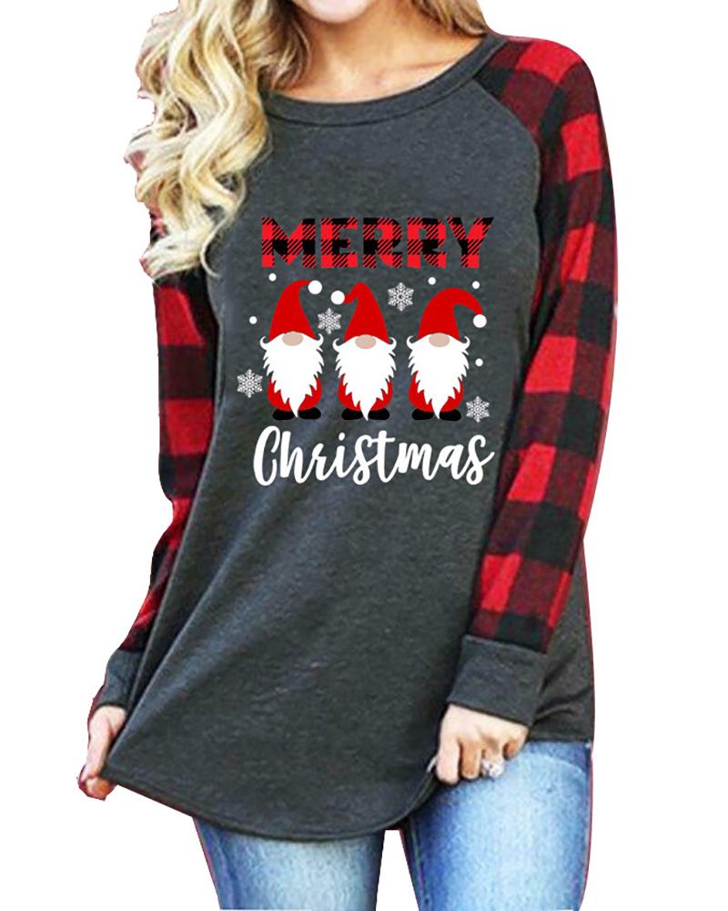

Christmas Gnomes Svg Letter Print Casual Top, Gray