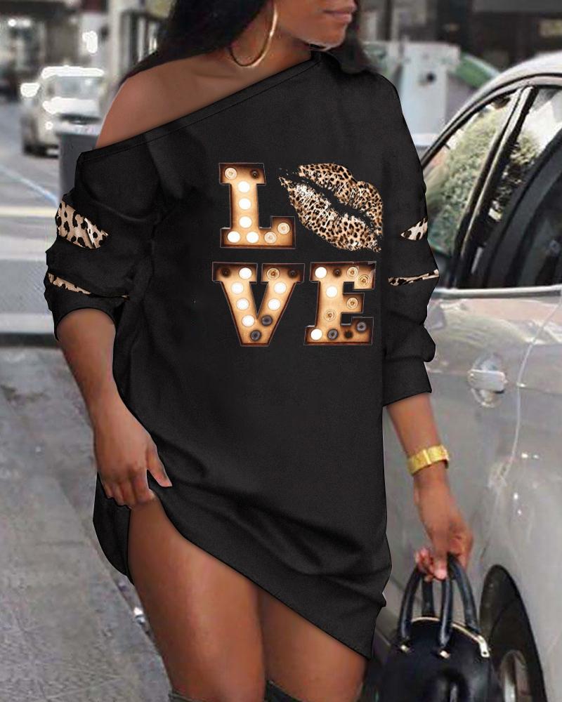 

Valentine' Day Leopard Lip Print Long Sleeve Casual Dress, Black