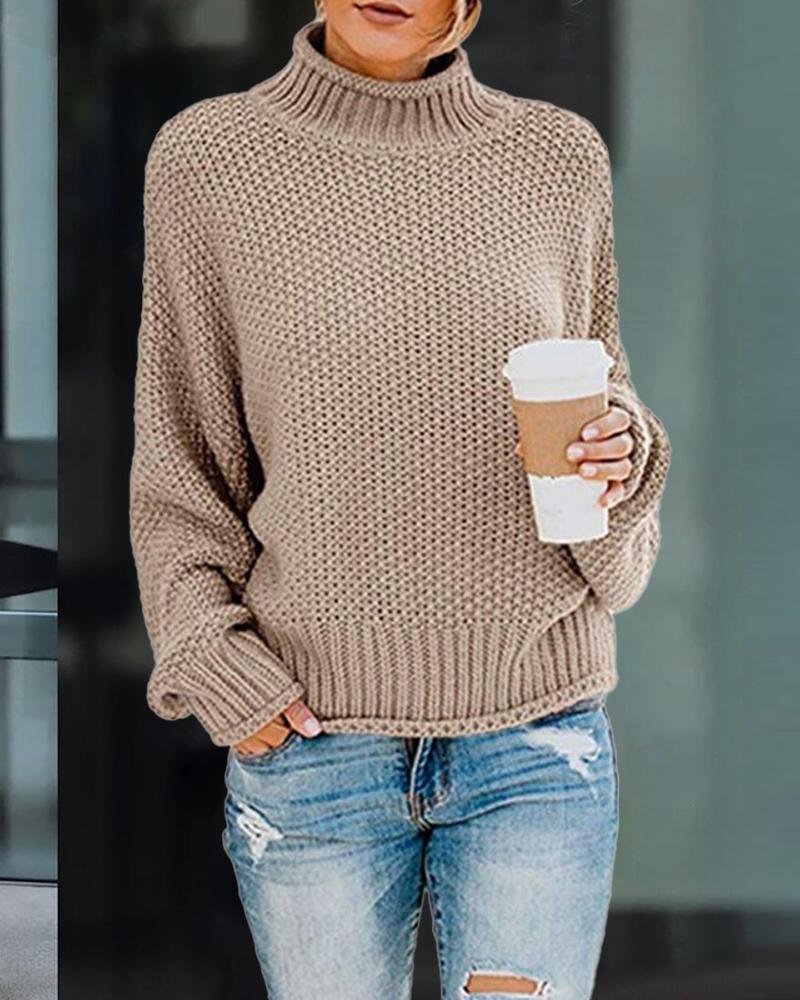 

Lantern Sleeve High Neck Casual Sweater, Khaki