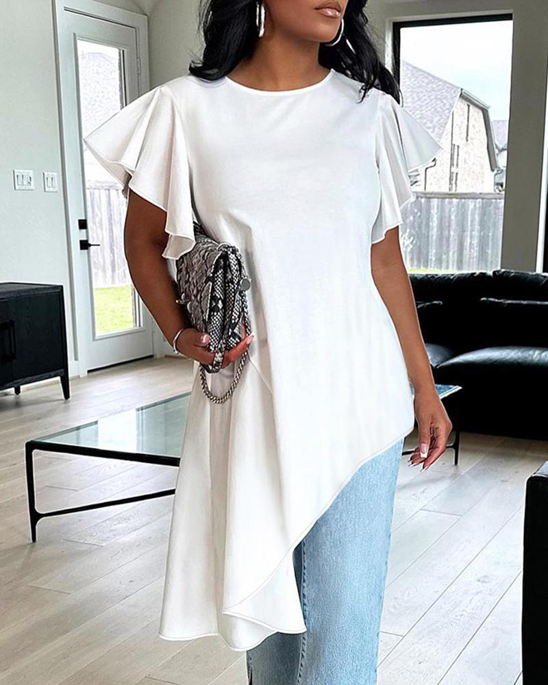 

Round Neck Asymmetrical Ruffle Hem Top, White