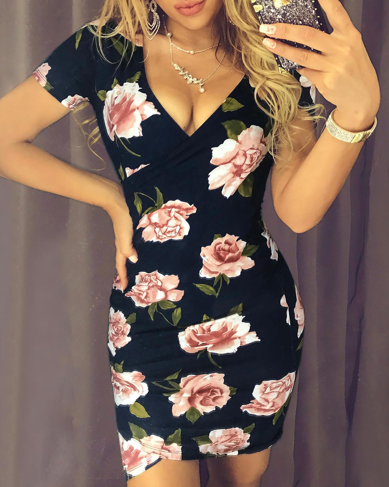 

V Neck Overlap Floral Print Dress, Multicolor