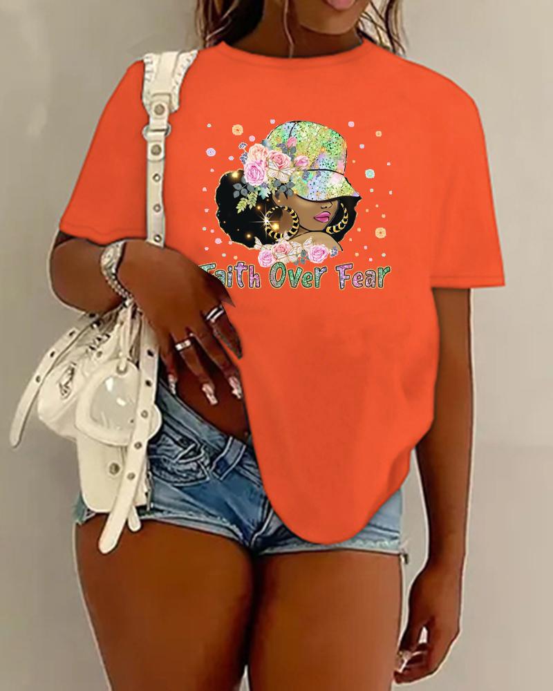 

Plus Size Figure Faith Over Fear Print Casual T-shirt, Orange