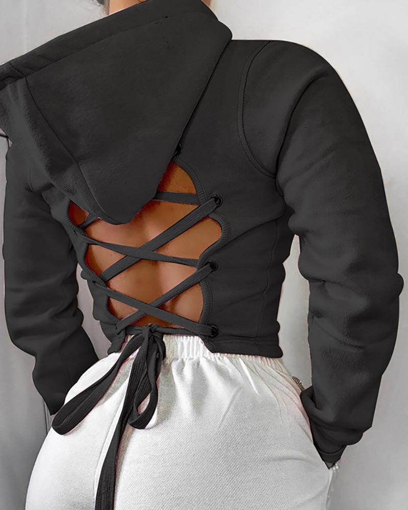 

Lace-up Backless Hooded Crop Top, Black