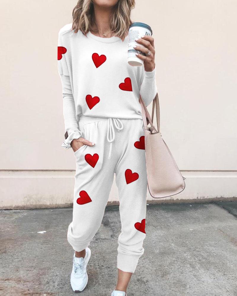 

Heart Print Top & Drawstring Pocket Design Pants Set, White