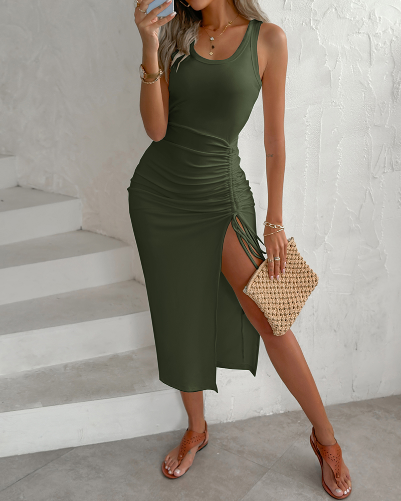 

Ribbed Sleeveless Drawstring Ruched High Slit Dress, Army green