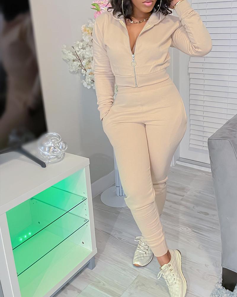 

Zipper Design Crop Top & Pocket Design Pants Set, Apricot