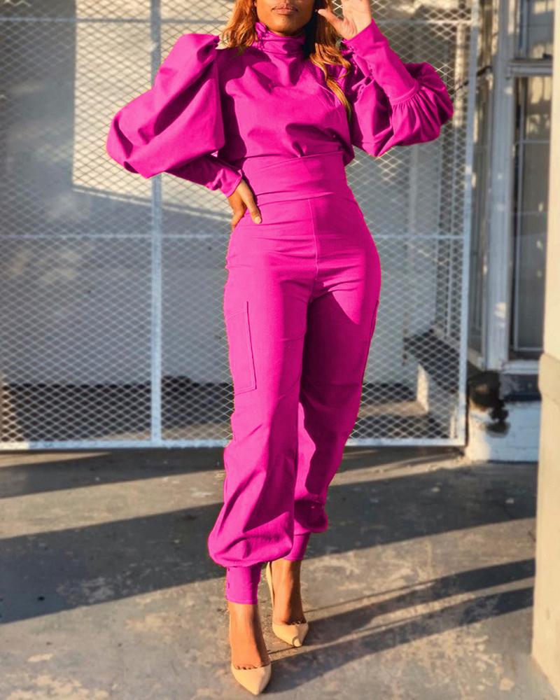 

Puff Sleeve Top & High Waist Cuffed Pants Set, Hot pink
