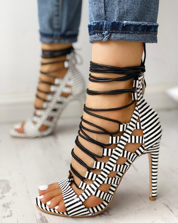 

Open Toed Lace-Up Thin Heeled Sandals, Black