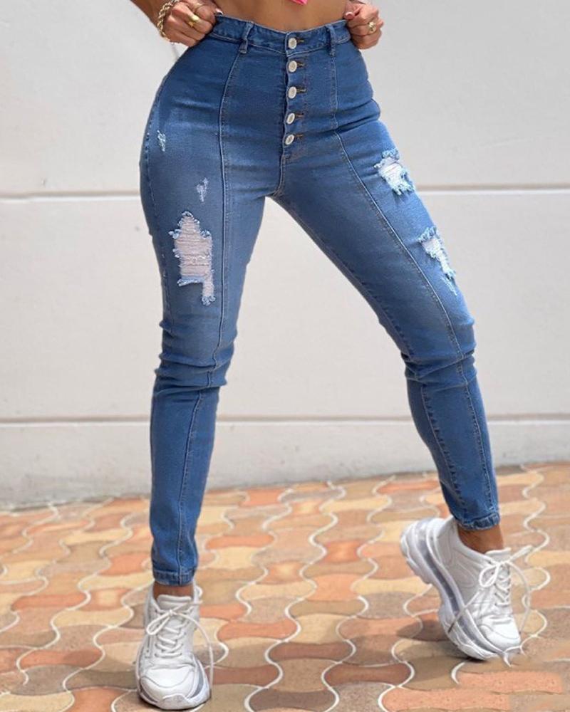 Buy High Waist Ripped Buttoned Jeans. Picture