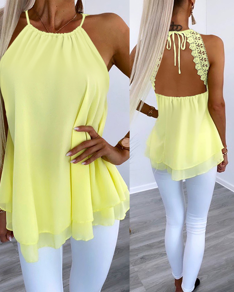 

Contrast Lace Tied Detail Chiffon Top, Yellow