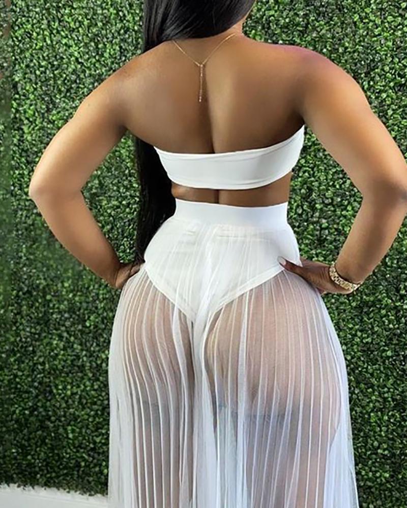 

Bandeau Top & Sheer Mesh Ruched Skirt Set, White