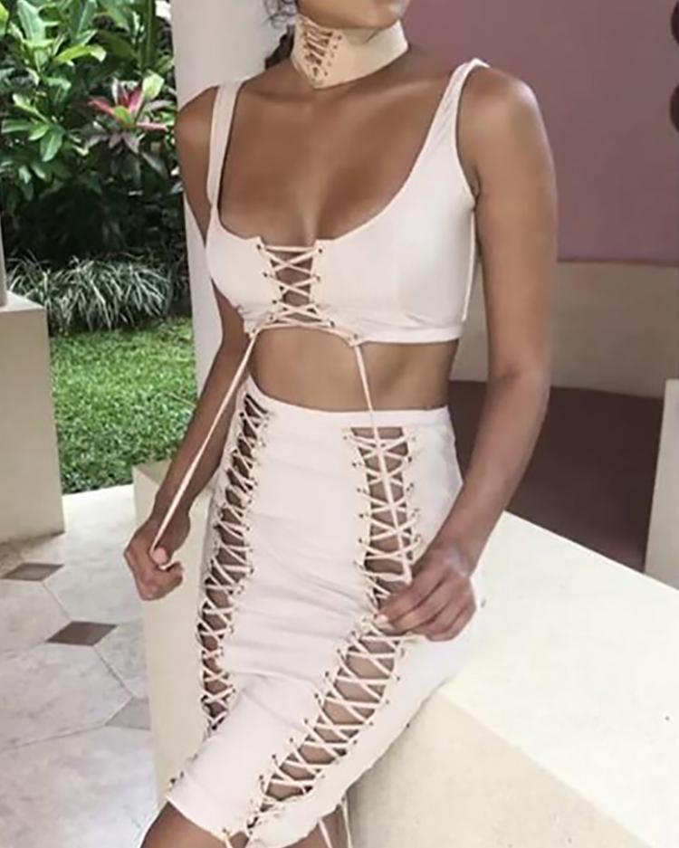 

2PCs Lace-up Low Cut Strappy Cropped Bodycon Skirt Sets, Beige