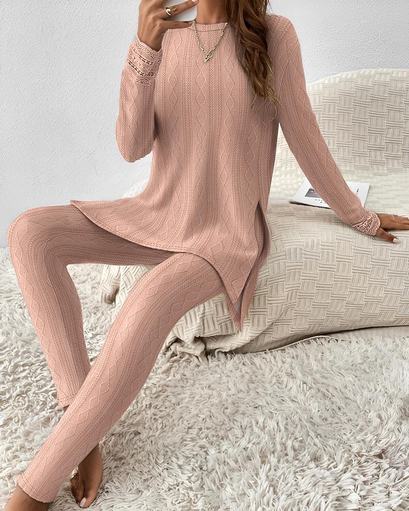 

Lace Patch Slit Cable Textured Top & High Waist Pants Set, Pink