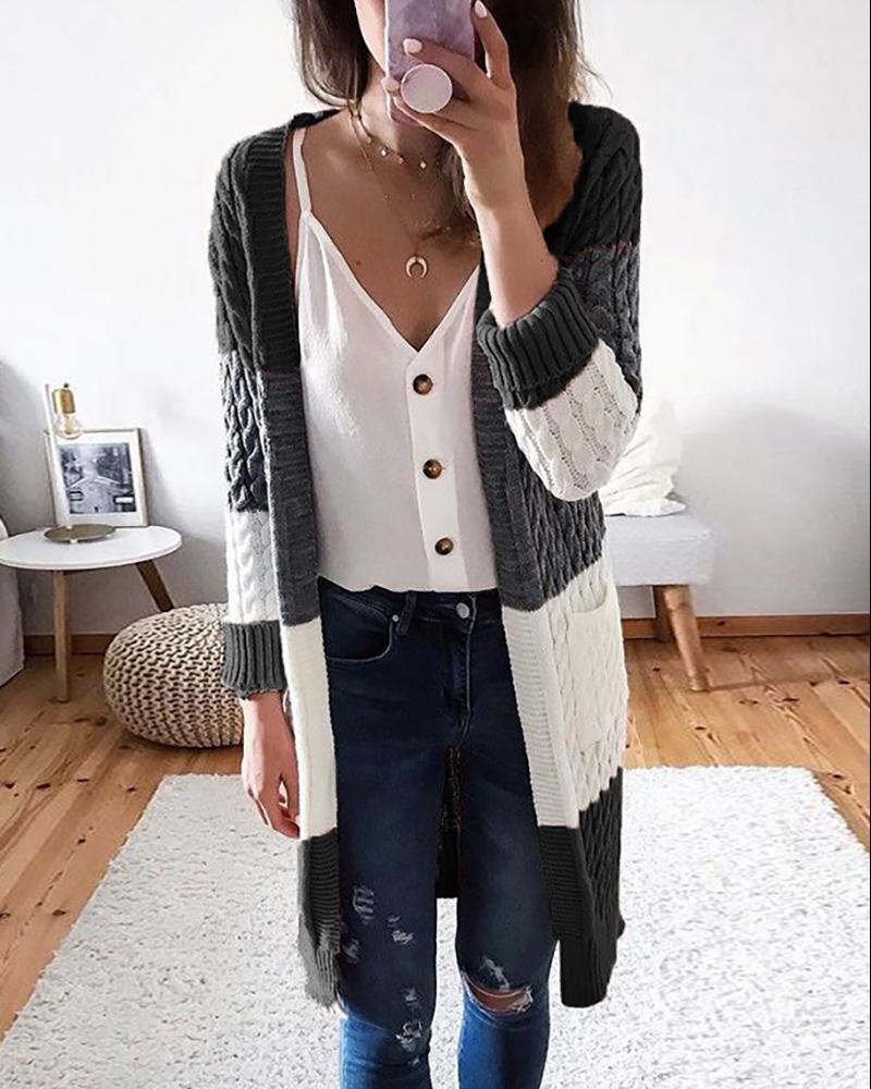 

Knit Long Sleeve Colorblock Braided Cardigan, Black