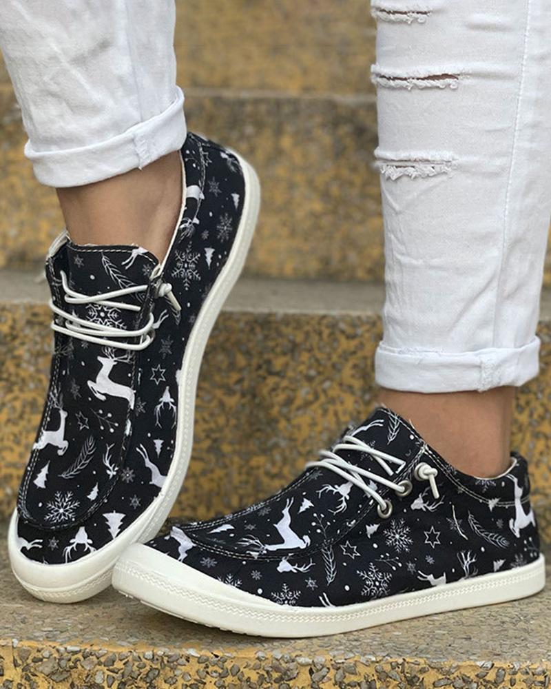 

Christmas Lace-up Graphic Print Canvas Slip-On, Black